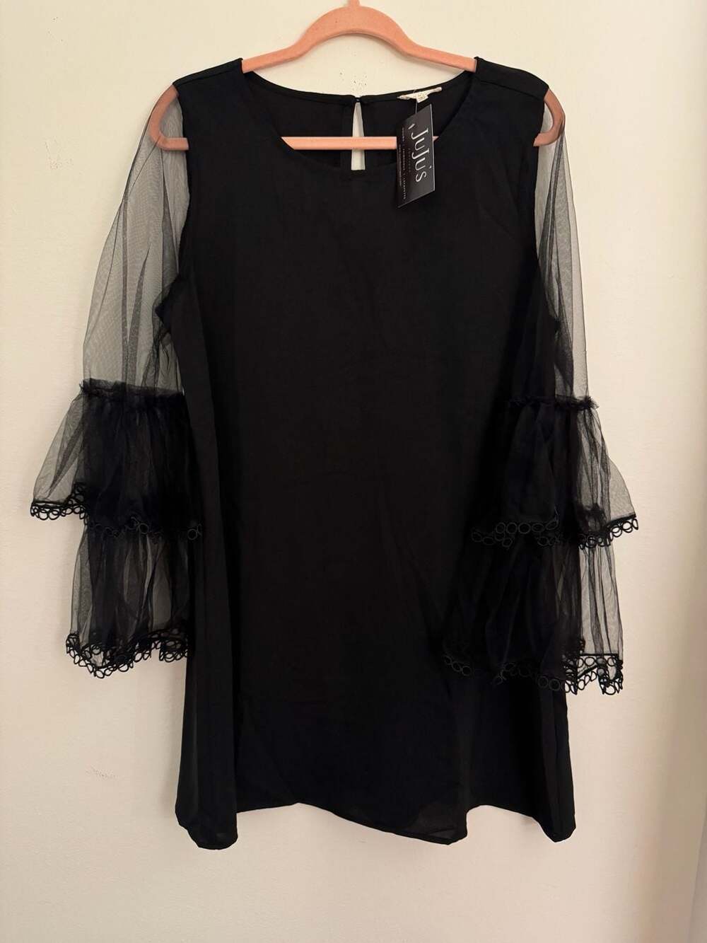 JODIFL NWT Black Tank Sheer Ruffle Net Sleeve Shift Dress - Picture 6 of 6